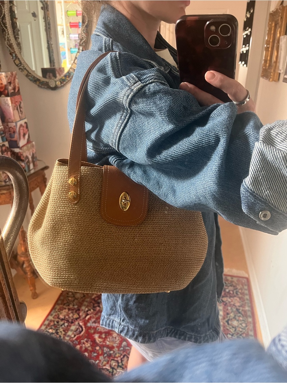 Eric Javits Brown & Tan Straw Shoulder Bag with Gold Hardware
